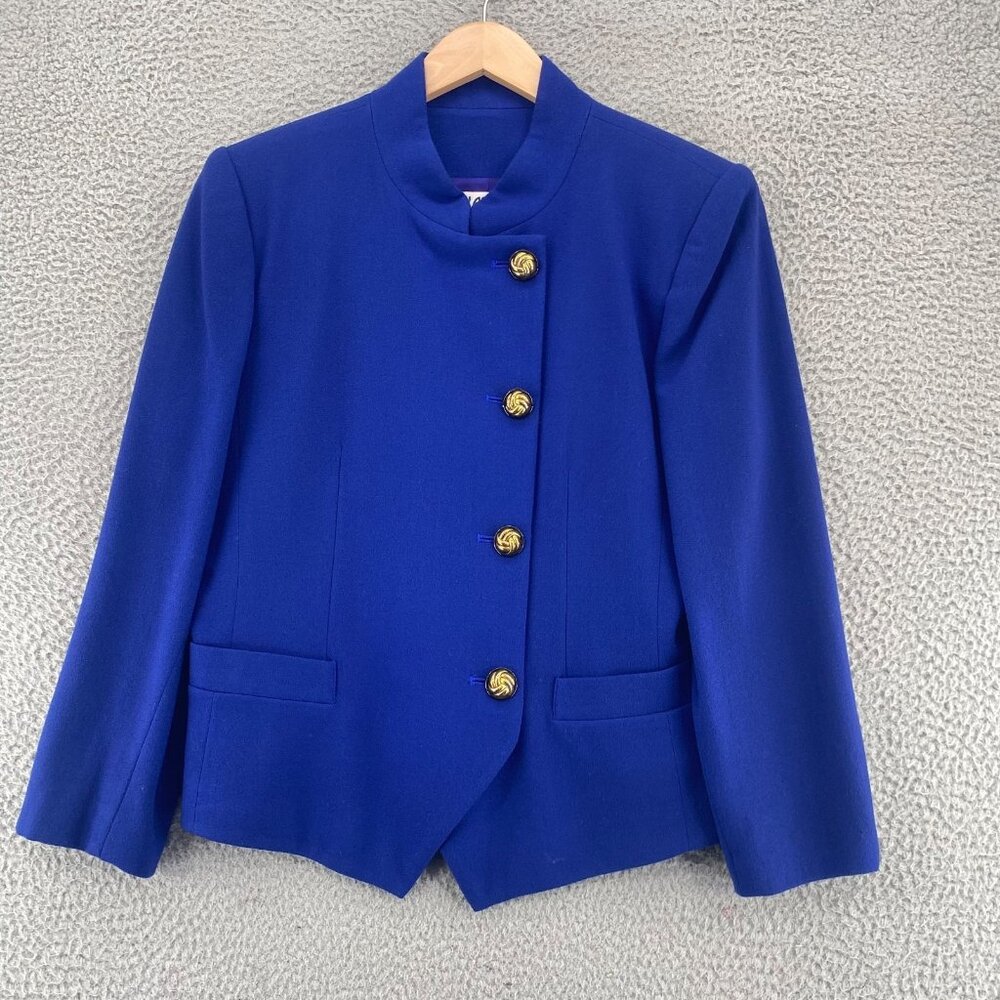 Kasper Blazer Women 14 Petite Blue Wool Double Breasted Button Up Pocket Office*